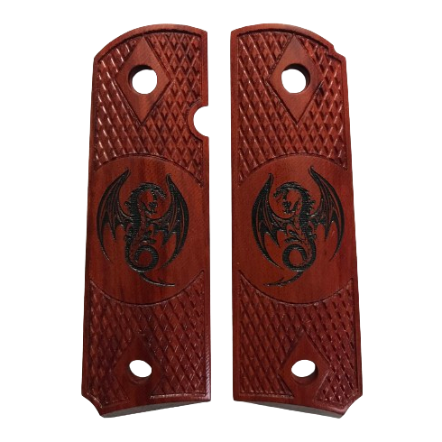 1911 Full size grips - Redheart wood w/Double Diamond - w/Dragon - Beveled Bottom