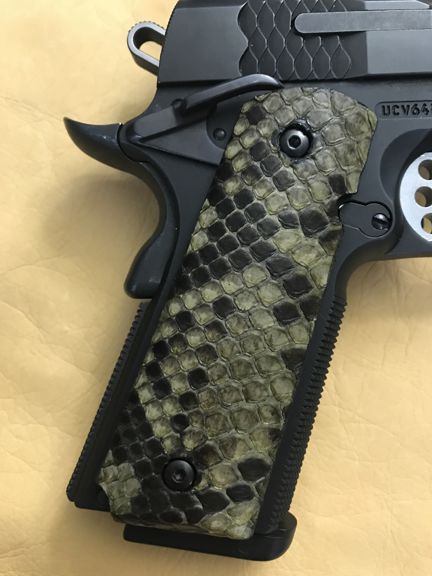 1911 Full size grips - Genuine Python Snake Skin - Beveled Bottom - (Olive Green in color)