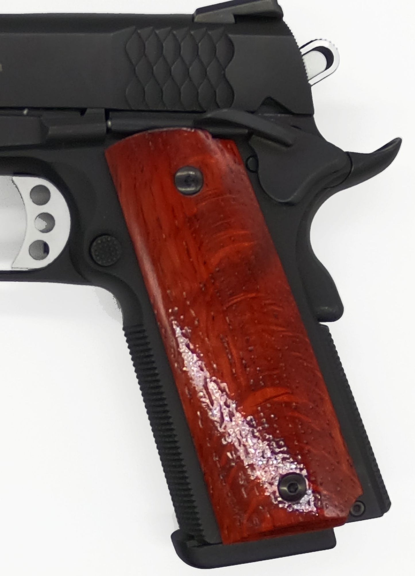 1911 Full size grips - Figured Oak QS, Red - Beveled Bottom