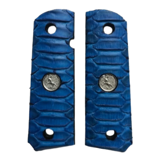 1911 Full size grips - Genuine Python Snake Skin, w/Colt Medallion - Beveled Bottom - (Blue)