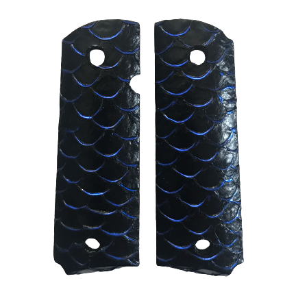1911 Full size grips - Tilapia fish leather - Beveled Bottom - (Black & Blue)