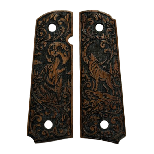 1911 Full size grips - Beveled Bottom - Wolf Theme - Walnut - Limited Run