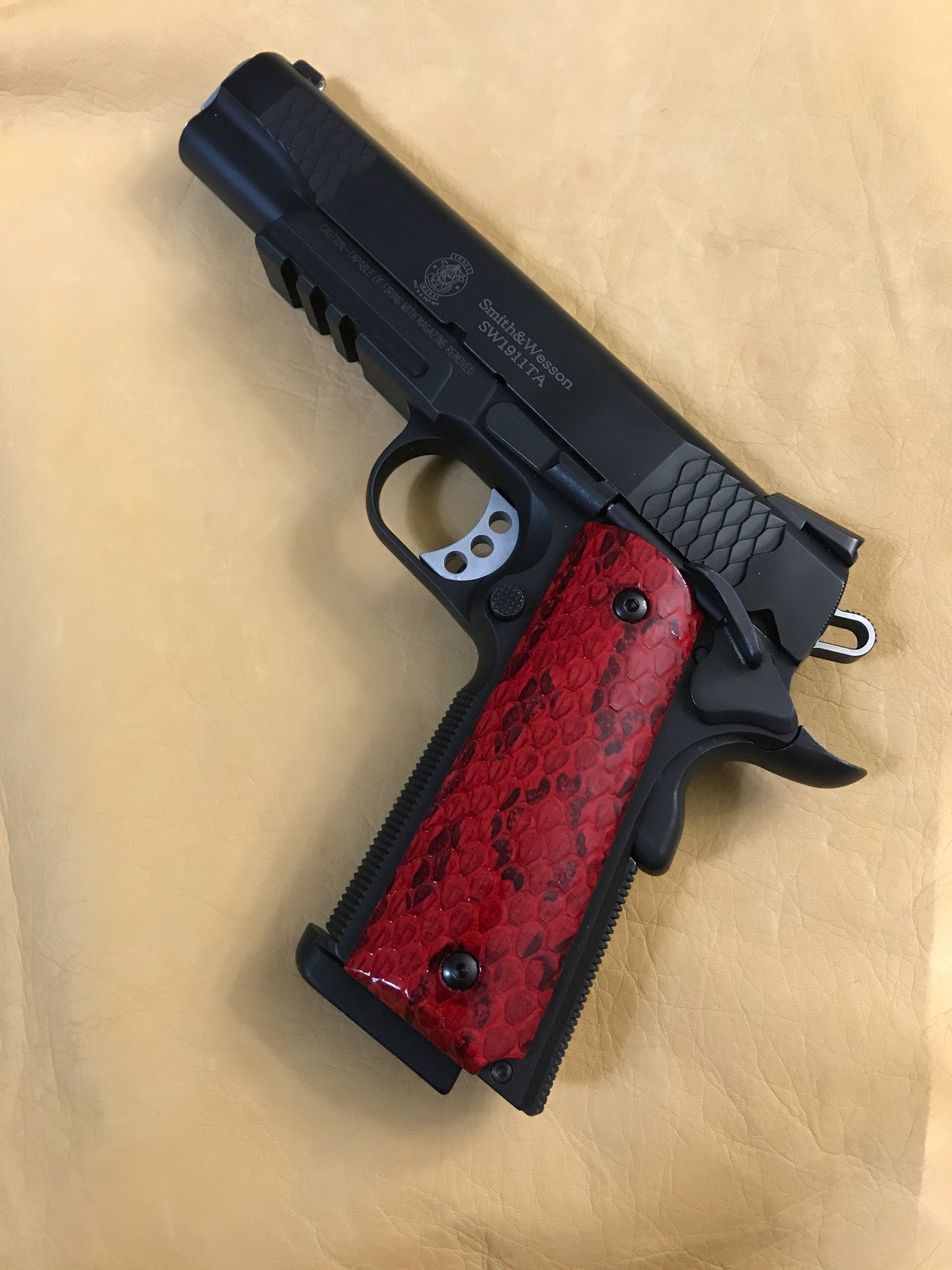 1911 Full size grips - Russell's Viper Snake Skin - Beveled Bottom - (Red in color)